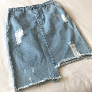Distressed jean pencil skirt